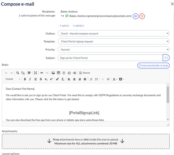 Compose e-mail window with the Client Portal signup request template selected and a sign up for Client Portal message ready to send