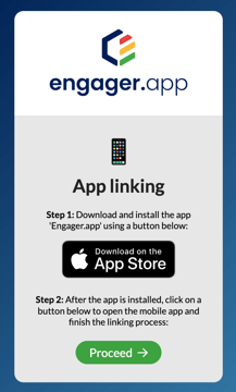 App linking page on an iPhone, with Step 1 showing the Download on the App Store button and Step 2 showing the Proceed button