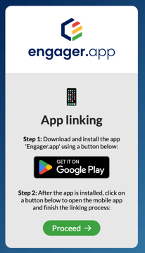 App linking page on an Android phone, with Step 1 showing the Get it on Google Play button and Step 2 showing the Proceed button