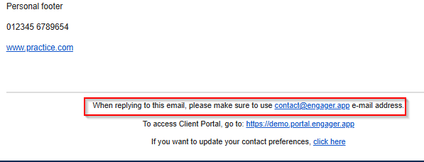Email footer with the line When replying to this email, please make sure to use contact@engager.app e-mail address highlighted in red, above the Client Portal link