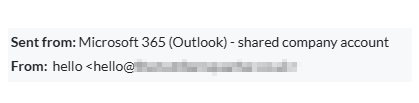 Sent email details reading Sent from: Microsoft 365 (Outlook) - shared company account, and From: hello, with the email address blurred
