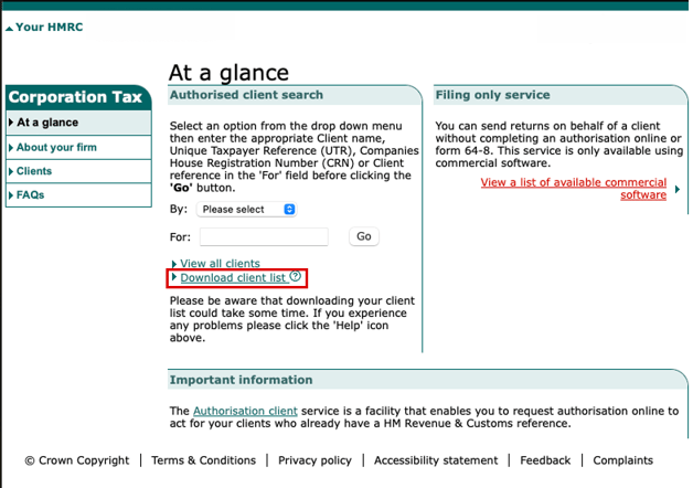 HMRC Corporation Tax At a glance page with the Download client list link highlighted