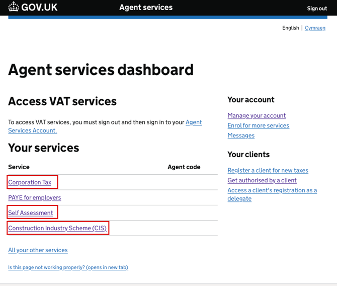 HMRC Agent services dashboard on GOV.UK with Corporation Tax, Self Assessment and Construction Industry Scheme (CIS) highlighted