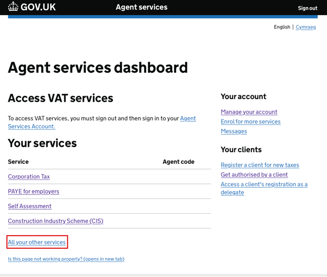 HMRC Agent services dashboard on GOV.UK with the All your other services link highlighted