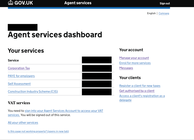 HMRC Agent services dashboard on GOV.UK listing Corporation Tax, PAYE for employers, Self Assessment and Construction Industry Scheme, with the agent references blacked out