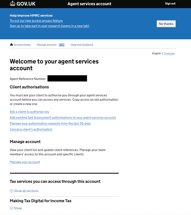 HMRC agent services account home page on GOV.UK, with the Agent Reference Number blacked out