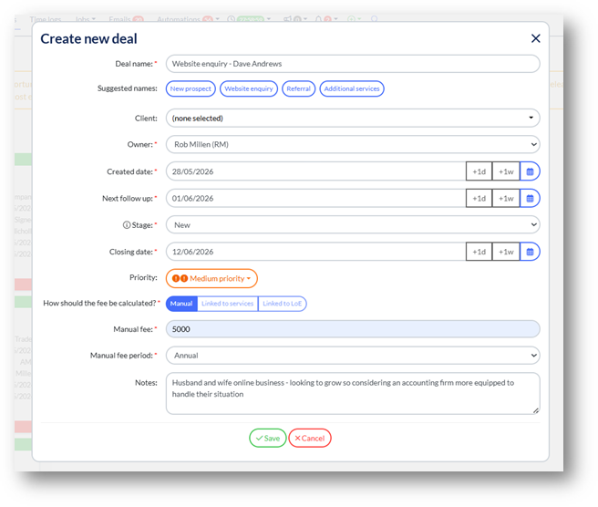 The Add a new deal form in Engager