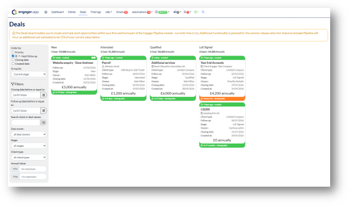 The Engager Deals board, a kanban view of deals in progress, won and lost