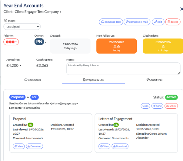 An individual deal opened to show full details, comments and actions