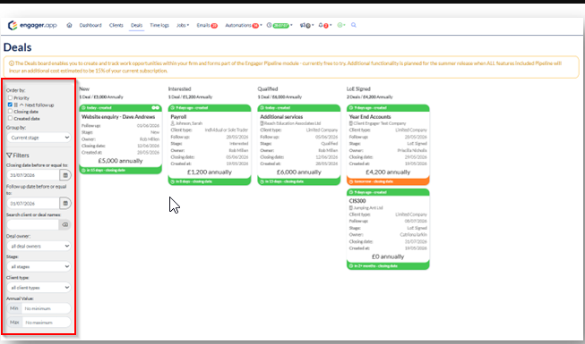 Sorting and filtering options in the left hand panel of the Deals board