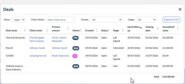 A pop-up summary of open deals that can be filtered, sorted or exported to CSV