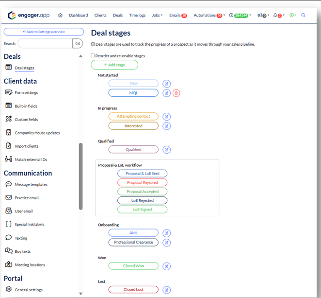 The Deal stages screen in Engager settings