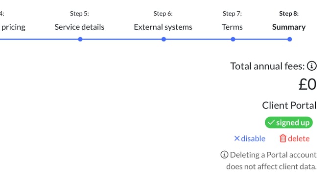 Client summary showing the Client Portal status as signed up, with disable and delete options