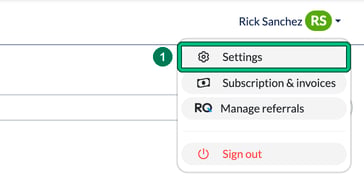 User menu open in the top-right corner with Settings highlighted as step 1