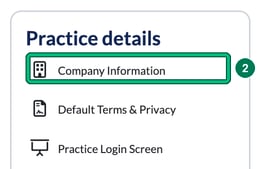 Settings overview with Company Information highlighted under Practice details as step 2