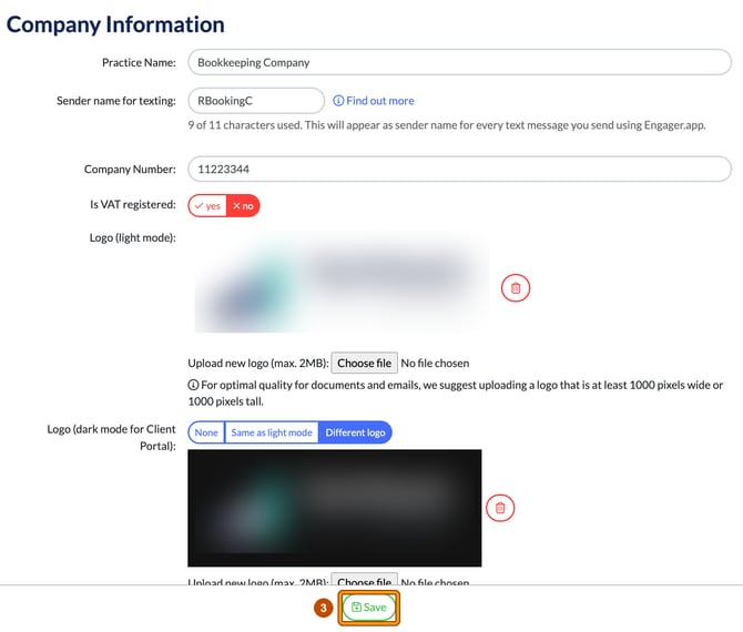 Company Information page with the Save button at the bottom highlighted as step 3