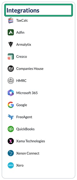 Integrations card on the Settings page listing TaxCalc, Adfin, Armalytix, Crezco, Companies House, HMRC, Microsoft 365, Google, FreeAgent, QuickBooks, Xama Technologies, Xenon Connect and Xero, with the Integrations heading highlighted