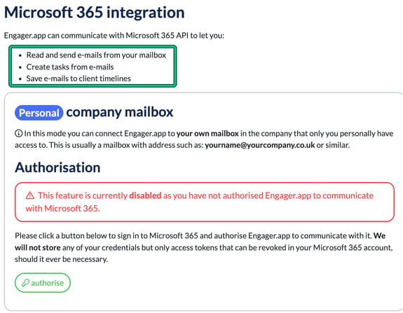 Microsoft 365 integration settings listing read and send e-mails from your mailbox, create tasks from e-mails and save e-mails to client timelines, with those three points highlighted. Below is the Personal company mailbox section, showing the normal currently disabled notice until Microsoft 365 is authorised, and the authorise button
