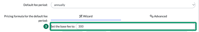 Edit service pricing section with the Set the base fee to field highlighted as step 3
