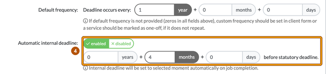 Automatic internal deadline set to enabled with 4 months before statutory deadline, highlighted as step 4