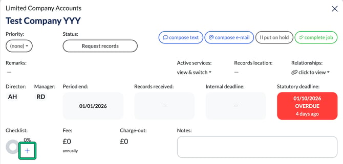 Job details for a Limited Company Accounts job with the + next to the Checklist progress ring highlighted
