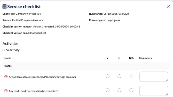 Service checklist for a Limited Company Accounts job, with Y, N and N/A options and a comments box for each point