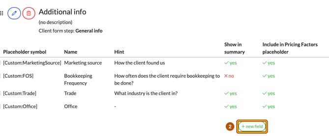 Additional info custom fields section, linked to the General info client form step, with the + new field button highlighted as step 2
