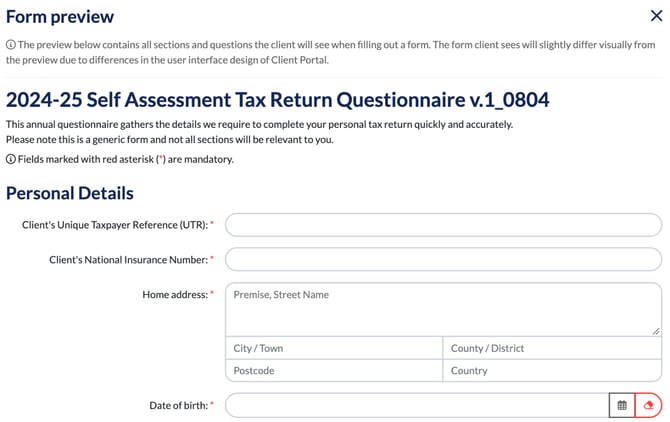 Form preview of the 2024-25 Self Assessment Tax Return Questionnaire showing the Personal Details questions