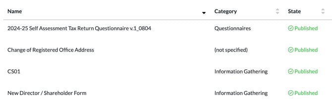 Form settings list showing forms such as the 2024-25 Self Assessment Tax Return Questionnaire, with their category and Published state