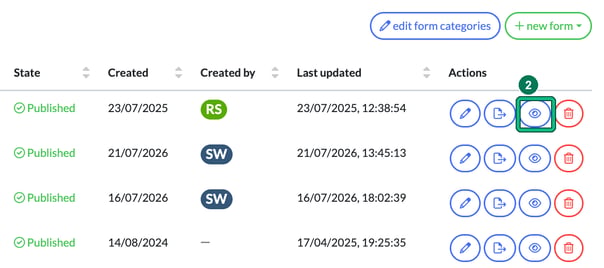 Form settings Actions column with the preview form eye icon highlighted as step 2, below the edit form categories and + new form buttons