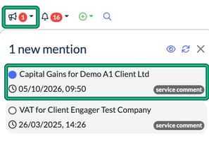 Mentions panel opened from the megaphone, showing 1 new mention with a blue dot, with the megaphone count and the new mention highlighted