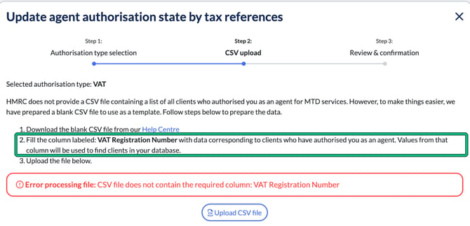 Step 2 CSV upload for VAT, with the instruction to fill the VAT Registration Number column highlighted and an error showing a file without that column was rejected