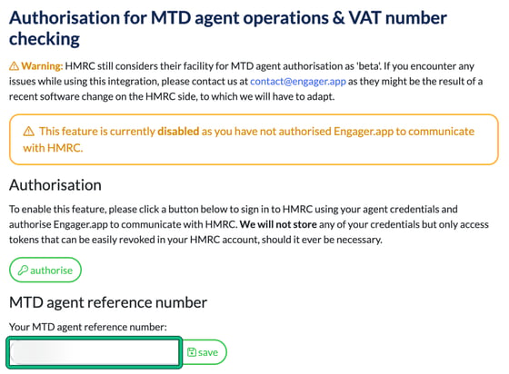 HMRC integration settings, Authorisation for MTD agent operations and VAT number checking, with the Your MTD agent reference number field highlighted