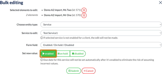 Bulk editing form for two demo clients enabling a service, with Set new value enabled highlighted and the note that the due date will not be set automatically after it's enabled