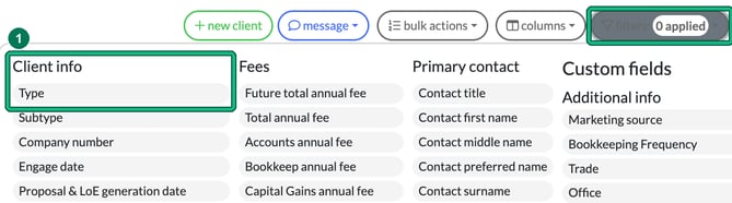 Clients list with the filters button highlighted and the filter panel open, with Type under Client info highlighted as step 1