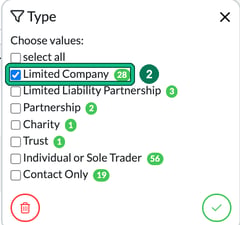 Type filter with Limited Company ticked and highlighted as step 2