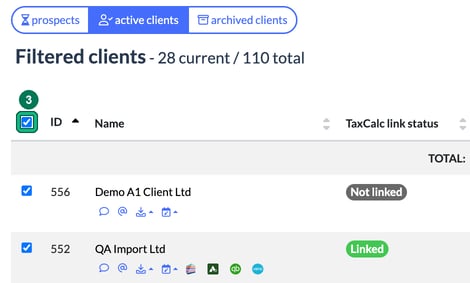 Filtered clients list with the select-all checkbox in the header highlighted as step 3