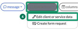 Bulk actions menu open with Edit client or service data highlighted as step 4
