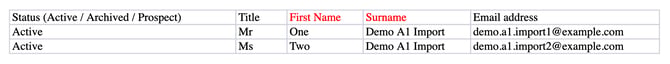 Generated import file for Individual or Sole Trader with columns Status, Title, First Name, Surname and Email address, the mandatory First Name and Surname headers in red, and two demo clients filled in