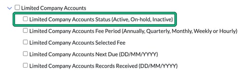 Service Details field list in Import File Creation with the Limited Company Accounts Status (Active, On-hold, Inactive) field highlighted