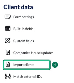 Client data section of Settings with Import clients highlighted as step 1