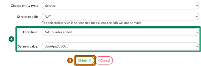 Bulk editing form for the VAT service with Form field VAT quarter ended and Set new value Jan/Apr/Jul/Oct highlighted as step 4, and Submit highlighted as step 5