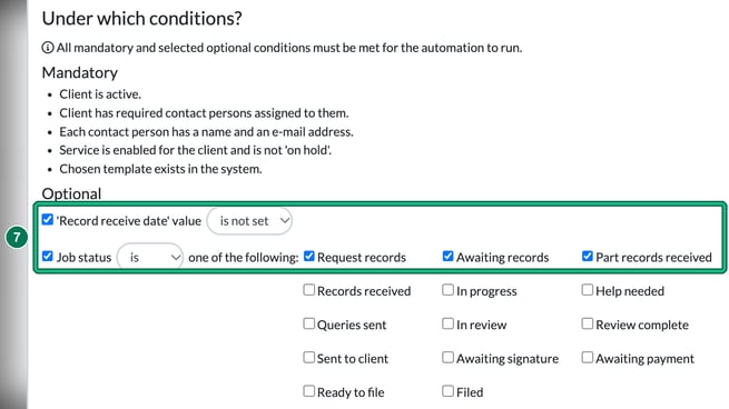 Under which conditions section with the optional Record receive date value is not set and Job status is Request records, Awaiting records or Part records received conditions highlighted as step 7