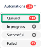 Automations menu in the top bar with Queued highlighted, above In progress, Successful and Failed