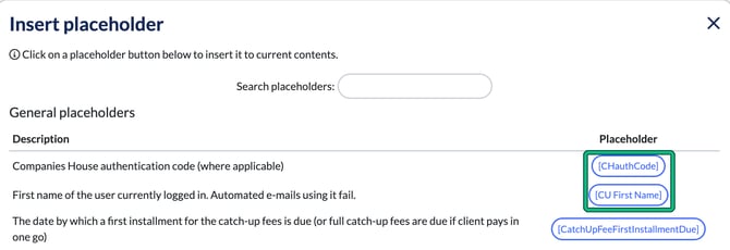 Insert placeholder list showing general placeholders and their codes, with the first two placeholder buttons highlighted