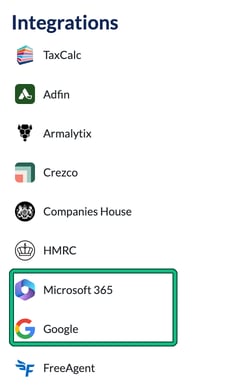 Settings Integrations menu with Microsoft 365 and Google highlighted