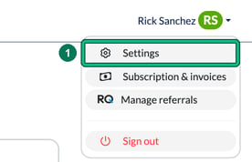 User menu under the user name open, with Settings highlighted as step 1
