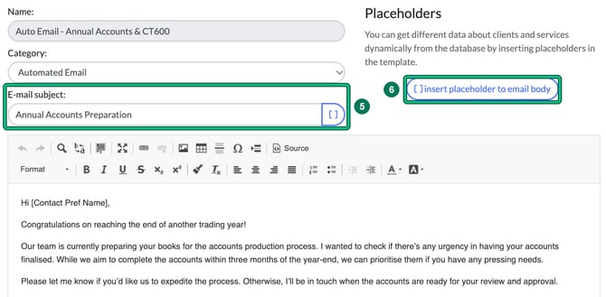 Edit template form with the E-mail subject field highlighted as step 5 and the insert placeholder to email body button highlighted as step 6, above the body editor