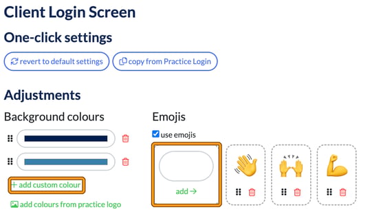 Client Login Screen settings with background colours and emojis, highlighting add custom colour and the add emoji tile