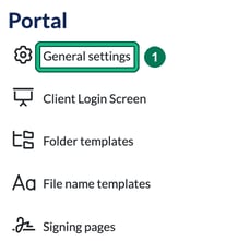 Portal section of the Settings menu with General settings highlighted as step 1